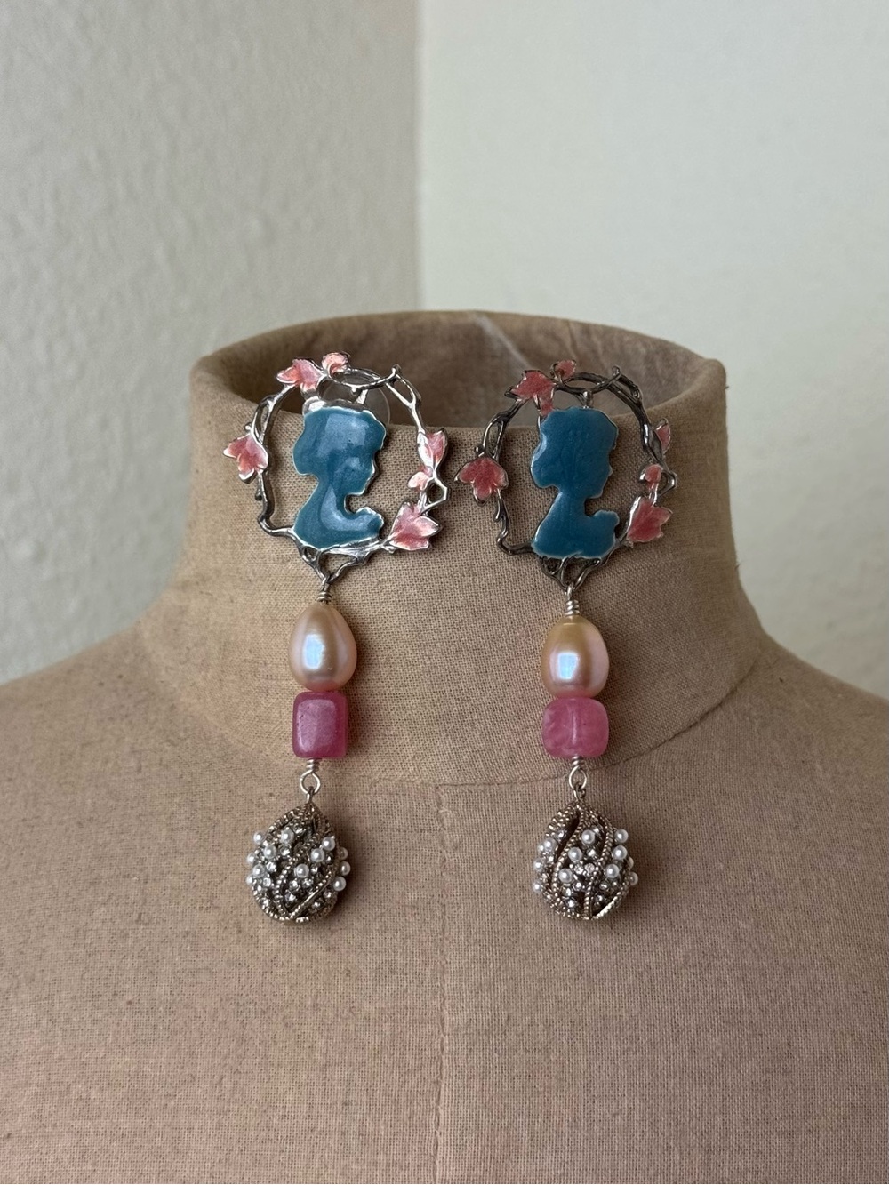 Upcycled Cameo Style Statement Pierced Earrings